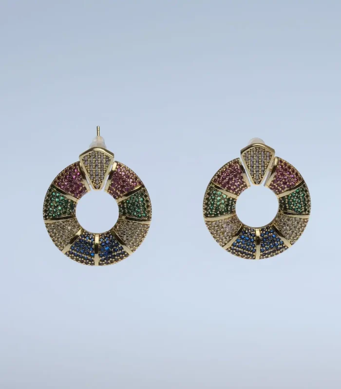 Renkli Zirkon Taşlı Gold Circle Küpe