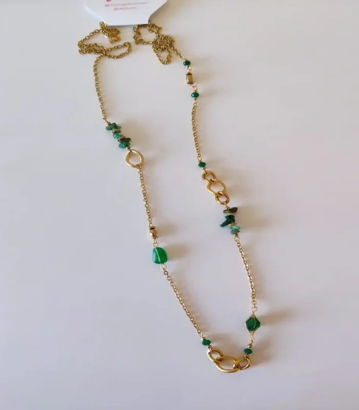 Yeşil Taşlı Uzun Çelik Kolye - 93 cm