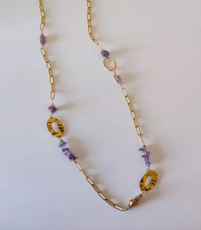 Lila Taşlı Uzun Çelik Kolye - 93 cm