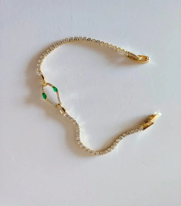Yeşil Taşlı Yılan Figürlü Gold Suyolu Bileklik