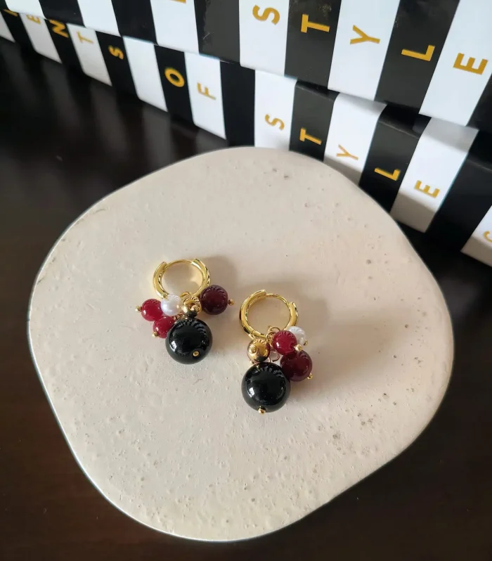 Siyah Bordo Top Salkım Küpe