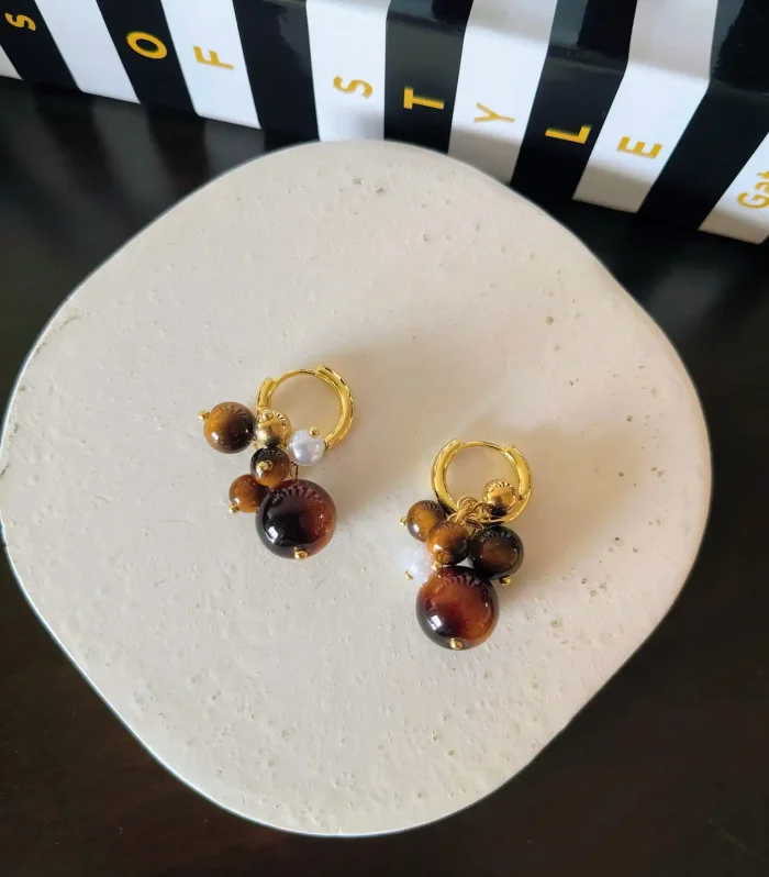 Kahverengi İnci Top Salkım Küpe